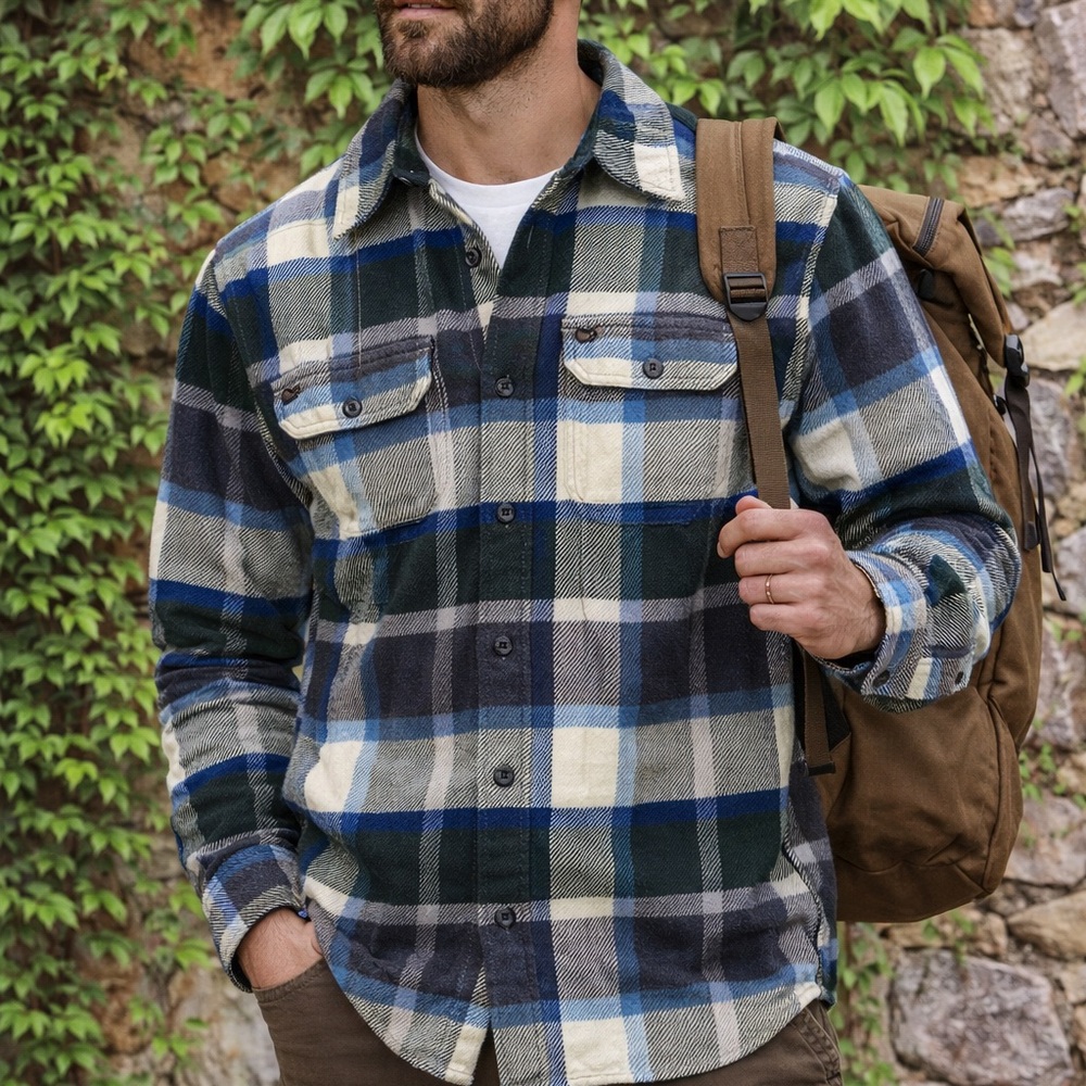 ORVIS Men's Heavy Flannel Plaid Button-Front Shirt/Shacket, L